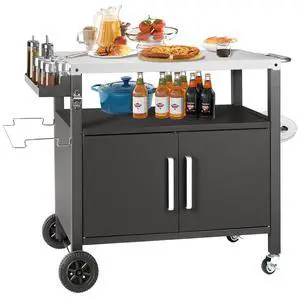 Grill Cart Table with Big Storage Cabinet, Movable Outdoor Dining Cart Pizza Oven Stand, Kitchen Cart Island Multifunction Food Prep Table Stainless Steel Surface Grill Cart Table with Big Storage Cabinet, Movable Outdoor Dining Cart Pizza Oven Stand, Kitchen Cart Island Multifunction Food Prep Table Stainless Steel Surface