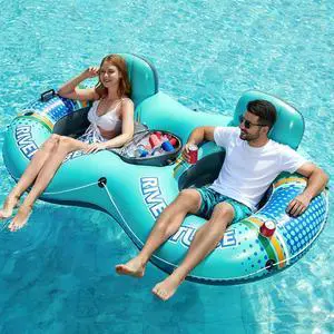 Heavy Duty 2 Person Inflatable River/Pool Tube Float with Removable Cooler, Tubes for Lake, Floating River Raft Lounge Floatie with 2 cup Holders For Adults, Cyan Heavy Duty 2 Person Inflatable River/Pool Tube Float with Removable Cooler, Tubes for Lake, Floating River Raft Lounge Floatie with 2 cup Holders For Adults, Cyan