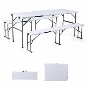 Folding Picnic Table Set, 6FT Camping Table with 2 Benches, Portable Table with Chairs, 3 Piece Furniture for Indoor/Outdoor Use, with Wood Grain Surface, for Camping Patio Backyard Folding Picnic Table Set, 6FT Camping Table with 2 Benches, Portable Table with Chairs, 3 Piece Furniture for Indoor/Outdoor Use, with Wood Grain Surface, for Camping Patio Backyard