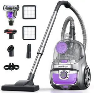 Aspiron 40Kpa Canister Vacuum Cleaner, 1600W Bagless Canister Vacuum Cleaner with 5 Tools, Auto Cord Rewind, H13 HEPA Filter, 4Qt Large Cup, for Hard Floors, Carpet, Pet, Upholstery, Tiles, Purple Aspiron 40Kpa Canister Vacuum Cleaner, 1600W Bagless Canister Vacuum Cleaner with 5 Tools, Auto Cord Rewind, H13 HEPA Filter, 4Qt Large Cup, for Hard Floors, Carpet, Pet, Upholstery, Tiles, Purple