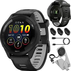 Garmin Forerunner 265 Running GPS Smartwatch, AMOLED Display, 46mm, Black/Powder Gray, 010-02810-00 - Bundle w/Deco Essentials Charging Dock, Dust Cover and USB-C Cable Garmin Forerunner 265 Running GPS Smartwatch, AMOLED Display, 46mm, Black/Powder Gray, 010-02810-00 - Bundle w/Deco Essentials Charging Dock, Dust Cover and USB-C Cable
