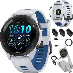 Garmin Forerunner 265 Running GPS Smartwatch, AMOLED Display, 46mm, Whitestone/Tidal Blue, 010-02810-01 - Bundle w/Deco Essentials Charging Dock, Dust Cover and USB-C Cable Garmin Forerunner 265 Running GPS Smartwatch, AMOLED Display, 46mm, Whitestone/Tidal Blue, 010-02810-01 - Bundle w/Deco Essentials Charging Dock, Dust Cover and USB-C Cable