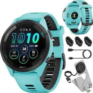 Garmin Forerunner 265 Running GPS Smartwatch, AMOLED Display, 46mm, Aqua/Black, 010-02810-02 - Bundle w/Deco Essentials Charging Dock, Dust Cover and USB-C Cable Garmin Forerunner 265 Running GPS Smartwatch, AMOLED Display, 46mm, Aqua/Black, 010-02810-02 - Bundle w/Deco Essentials Charging Dock, Dust Cover and USB-C Cable