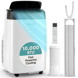 SereneLife Small Air Conditioner Portable 10,000 BTU with Built-in Dehumidifier - Portable AC unit for rooms up to 450 sq ft - Remote Control, Window Mount Exhaust Kit SereneLife Small Air Conditioner Portable 10,000 BTU with Built-in Dehumidifier - Portable AC unit for rooms up to 450 sq ft - Remote Control, Window Mount Exhaust Kit