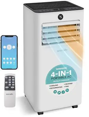 SereneLife 8000 BTU Portable Air Conditioner & Heater with WiFi, 4-in-1 Cooling, Heating, Fan & Dehumidifier, 24-H Timer, Covers 350 Sq Ft, for Bedroom, Home & Office, Includes Window Kit & Remote SereneLife 8000 BTU Portable Air Conditioner & Heater with WiFi, 4-in-1 Cooling, Heating, Fan & Dehumidifier, 24-H Timer, Covers 350 Sq Ft, for Bedroom, Home & Office, Includes Window Kit & Remote