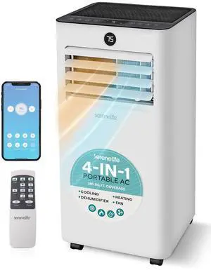 SereneLife 10000 BTU Portable Air Conditioner & Heater with WiFi, 4-in-1 Cooling, Heating, Fan & Dehumidifier, Covers 450 Sq Ft, 24-H Timer, for Bedroom, Home & Office, Includes Window Kit & Remote SereneLife 10000 BTU Portable Air Conditioner & Heater with WiFi, 4-in-1 Cooling, Heating, Fan & Dehumidifier, Covers 450 Sq Ft, 24-H Timer, for Bedroom, Home & Office, Includes Window Kit & Remote