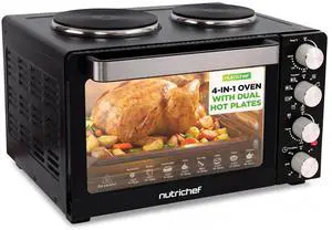 NutriChef 30 Quart Kitchen Convection Oven & 2 Burner Cooker - 1500 Watt Oven - 7 Cook Functions Rotisserie, Cook, Bake, Broil & More - Includes Baking Tray, Skewers & Handles - 19.6 x 16.0 x 13.5 IN NutriChef 30 Quart Kitchen Convection Oven & 2 Burner Cooker - 1500 Watt Oven - 7 Cook Functions Rotisserie, Cook, Bake, Broil & More - Includes Baking Tray, Skewers & Handles - 19.6 x 16.0 x 13.5 IN