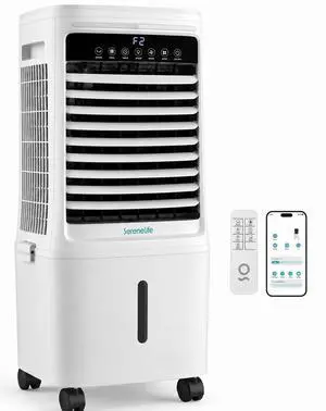 SereneLife Tower Fan, Smart Stand Up Bladeless Tower Fan with WiFi and Remote Control, 1700 CFM High Velocity Output, 25 Liter Detachable Water Tank, Boosted AC Flow with 4 Ice Packs Included SereneLife Tower Fan, Smart Stand Up Bladeless Tower Fan with WiFi and Remote Control, 1700 CFM High Velocity Output, 25 Liter Detachable Water Tank, Boosted AC Flow with 4 Ice Packs Included