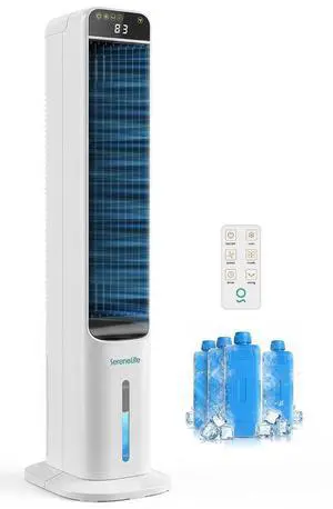 SereneLife Evaporative Air Cooler Tower Fan with Remote, 5L Water Tank, 4 Ice Boxes, 3 Speeds, 60° Oscillation, Quiet Portable Swamp Cooler, Cooling Fan for Bedroom, Home, Office, Dorm SereneLife Evaporative Air Cooler Tower Fan with Remote, 5L Water Tank, 4 Ice Boxes, 3 Speeds, 60° Oscillation, Quiet Portable Swamp Cooler, Cooling Fan for Bedroom, Home, Office, Dorm