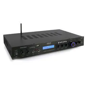 Pyle Bluetooth Home Theater Amplifier - 200 Watts into 5 Channels with Subwoofer Out, Easy Karaoke - Dual Mic, Wireless Streaming, USB/SD with MP3 player, RCA Input, FM Radio, LCD Display - PDA7BU Pyle Bluetooth Home Theater Amplifier - 200 Watts into 5 Channels with Subwoofer Out, Easy Karaoke - Dual Mic, Wireless Streaming, USB/SD with MP3 player, RCA Input, FM Radio, LCD Display - PDA7BU
