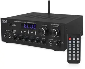 Pyle Home Karaoke Amplifier Receiver with Bluetooth Streaming, 200 Watt Peak, Dual Mic Inputs with Delay and Reverb, 2.0 Channel Hi Fi Sound System, USB-A Input w MP3 Player, RCA/Aux Inputs - PDA69BU Pyle Home Karaoke Amplifier Receiver with Bluetooth Streaming, 200 Watt Peak, Dual Mic Inputs with Delay and Reverb, 2.0 Channel Hi Fi Sound System, USB-A Input w MP3 Player, RCA/Aux Inputs - PDA69BU