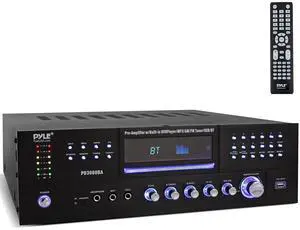 Pyle 4 Channel Bluetooth Home Amplifier - Front Loading DVD/CD Player - 3000W Peak Stereo Receiver - 2 Mic Inputs w/ Echo, FM Radio,Optical In,USB,RCA,Composite, LED Level Meter, Rack Mount - PD3000BA Pyle 4 Channel Bluetooth Home Amplifier - Front Loading DVD/CD Player - 3000W Peak Stereo Receiver - 2 Mic Inputs w/ Echo, FM Radio,Optical In,USB,RCA,Composite, LED Level Meter, Rack Mount - PD3000BA