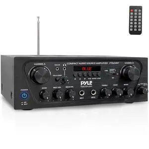 Pyle 2-Channel Bluetooth Home Stereo Amplifier - 250W Wireless Audio Receiver, Karaoke Optimized: Dual Mic In with Echo, Mic Talk-Over, FM Radio, USB-A MP3 Player, RCA, AUX, Remote Ctrl - PTA24BT Pyle 2-Channel Bluetooth Home Stereo Amplifier - 250W Wireless Audio Receiver, Karaoke Optimized: Dual Mic In with Echo, Mic Talk-Over, FM Radio, USB-A MP3 Player, RCA, AUX, Remote Ctrl - PTA24BT