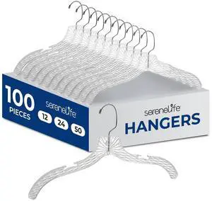 SereneLife 100 Pack Transparent Plastic Hangers, Crystal Clear, Non-Slip with Notched Shoulders, Ultra-Thin Space Saving, Closet & Retail Use, with Swivel Hook for Clothes, Shirts, Dresses, Jackets SereneLife 100 Pack Transparent Plastic Hangers, Crystal Clear, Non-Slip with Notched Shoulders, Ultra-Thin Space Saving, Closet & Retail Use, with Swivel Hook for Clothes, Shirts, Dresses, Jackets