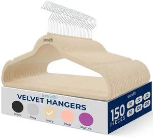 SereneLife Velvet Hangers 150 Pack, Slim & Space Saving for Closets | Soft velvet grip prevents slipping on silk, satin & knitwear 360° swivel hook fits all standard closet rods SereneLife Velvet Hangers 150 Pack, Slim & Space Saving for Closets | Soft velvet grip prevents slipping on silk, satin & knitwear 360° swivel hook fits all standard closet rods