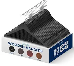 SereneLife 80 Pack Wooden Hangers for Clothes, Heavy Duty Suit Hangers with Non Slip Notches and Pants Bar, Solid Wood Closet Organizer for Coats Shirts Jackets, Space Saving Durable Design, Black SereneLife 80 Pack Wooden Hangers for Clothes, Heavy Duty Suit Hangers with Non Slip Notches and Pants Bar, Solid Wood Closet Organizer for Coats Shirts Jackets, Space Saving Durable Design, Black