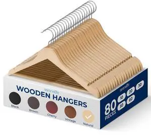 SereneLife Solid Wooden Hangers, Mega Pack, 80 Pieces Hangers for Clothes, Heavy Duty Suit Hanger Set with Chrome 360 Degree Swivel Hook, Notched Design, Natural Wood Color SereneLife Solid Wooden Hangers, Mega Pack, 80 Pieces Hangers for Clothes, Heavy Duty Suit Hanger Set with Chrome 360 Degree Swivel Hook, Notched Design, Natural Wood Color