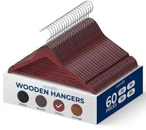 SereneLife 60-Pack Wooden Hangers Cherry Finish Heavy Duty Suit & Clothes Hangers with Non-Slip Notches, Pants Bar, 360° Swivel Chrome Hook, 10 lb Capacity, Space Saving Closet Organization SereneLife 60-Pack Wooden Hangers Cherry Finish Heavy Duty Suit & Clothes Hangers with Non-Slip Notches, Pants Bar, 360° Swivel Chrome Hook, 10 lb Capacity, Space Saving Closet Organization