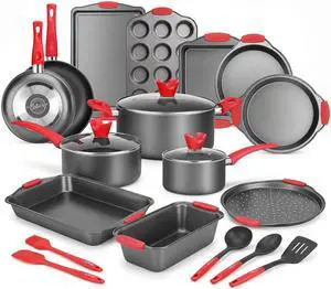 NutriChef 21-Piece Nonstick Cookware Set - PTFE/PFOA/PFOS Free Heat Resistant Lacquer Kitchen Ware Pots Pan w/ Cool-Touch Handles, Saucepan, Fry Pans, Lid, Bakeware, For Gas Electric Ceramic Cooktops NutriChef 21-Piece Nonstick Cookware Set - PTFE/PFOA/PFOS Free Heat Resistant Lacquer Kitchen Ware Pots Pan w/ Cool-Touch Handles, Saucepan, Fry Pans, Lid, Bakeware, For Gas Electric Ceramic Cooktops