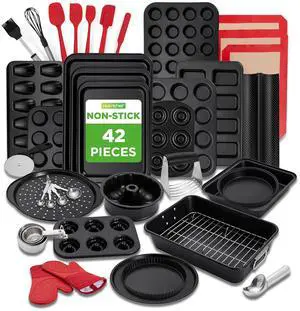 NutriChef 42-Piece Nonstick Bakeware Set | Carbon Steel Baking Pans Set with Oven Mitts, Muffin Trays, Cookie Sheets, Loaf Pan, & Accessories for Cakes, Pizza & Bread. NutriChef 42-Piece Nonstick Bakeware Set | Carbon Steel Baking Pans Set with Oven Mitts, Muffin Trays, Cookie Sheets, Loaf Pan, & Accessories for Cakes, Pizza & Bread.