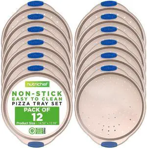 NutriChef 13-Inch Non-Stick Pizza Tray with Silicone Handle - Perforated Carbon Steel, Dishwasher Safe, PFOA Free - Champagne Gold - 12 Pack NutriChef 13-Inch Non-Stick Pizza Tray with Silicone Handle - Perforated Carbon Steel, Dishwasher Safe, PFOA Free - Champagne Gold - 12 Pack