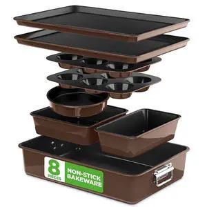 NutriChef 8-Piece Nonstick Stackable Bakeware Set - PFOA, PFOS, PTFE Free Baking Tray Set w/Non-Stick Coating, 450°F Oven Safe, Round Cake, Loaf, Muffin, Wide/Square Pans, Cookie Sheet (Brown) NutriChef 8-Piece Nonstick Stackable Bakeware Set - PFOA, PFOS, PTFE Free Baking Tray Set w/Non-Stick Coating, 450°F Oven Safe, Round Cake, Loaf, Muffin, Wide/Square Pans, Cookie Sheet (Brown)