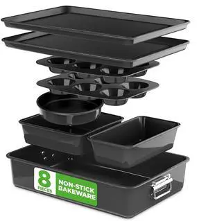NutriChef 8-Piece Stackable Nonstick Bakeware Set - Premium Steel Baking Pans Set - Includes Round Cake Pan, 6-Cup Muffin Pans, Wide/Square Brownie & Loaf Pans, Cookie Sheet, & Roaster Pan (Black) NutriChef 8-Piece Stackable Nonstick Bakeware Set - Premium Steel Baking Pans Set - Includes Round Cake Pan, 6-Cup Muffin Pans, Wide/Square Brownie & Loaf Pans, Cookie Sheet, & Roaster Pan (Black)
