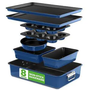 NutriChef 8-Piece Nonstick Stackable Bakeware Set - PFOA, PFOS, PTFE Free Baking Tray Set w/Non-Stick Coating, 450°F Oven Safe, Round Cake, Loaf, Muffin, Wide/Square Pans, Cookie Sheet (Blue) NutriChef 8-Piece Nonstick Stackable Bakeware Set - PFOA, PFOS, PTFE Free Baking Tray Set w/Non-Stick Coating, 450°F Oven Safe, Round Cake, Loaf, Muffin, Wide/Square Pans, Cookie Sheet (Blue)