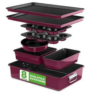 NutriChef 8-Piece Nonstick Stackable Bakeware Set - PFOA, PFOS, PTFE Free Baking Pan Set w/Non-Stick Coating, 450°F Oven Safe, Round Cake, Loaf, Muffin, Wide/Square Pans, Cookie Sheet (Plum) NutriChef 8-Piece Nonstick Stackable Bakeware Set - PFOA, PFOS, PTFE Free Baking Pan Set w/Non-Stick Coating, 450°F Oven Safe, Round Cake, Loaf, Muffin, Wide/Square Pans, Cookie Sheet (Plum)
