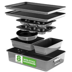 NutriChef 8-Piece Nonstick Stackable Bakeware Set - PFOA, PFOS, PTFE Free Baking Pans Set w/Non-Stick Coating, 450°F Oven Safe, Round Cake, Loaf, Muffin, Wide/Square Pans, Cookie Sheet (Gray) NutriChef 8-Piece Nonstick Stackable Bakeware Set - PFOA, PFOS, PTFE Free Baking Pans Set w/Non-Stick Coating, 450°F Oven Safe, Round Cake, Loaf, Muffin, Wide/Square Pans, Cookie Sheet (Gray)