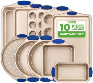 NutriChef Kitchen Oven Baking Pans - Deluxe Nonstick Gold Coating Inside & Outside Carbon Steel Bakeware Set With Blue Silicone Handles, Durable & Reliable Cookie Sheet Oven Pan Style NutriChef Kitchen Oven Baking Pans - Deluxe Nonstick Gold Coating Inside & Outside Carbon Steel Bakeware Set With Blue Silicone Handles, Durable & Reliable Cookie Sheet Oven Pan Style