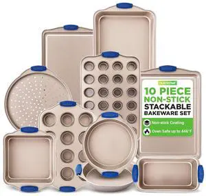 NutriChef 10-Piece Nonstick Bakeware Set - Premium Carbon Steel Baking Pan Set w/Heatsafe Silicone Handles, Includes Pizza Crisper, Loaf Pan, 12 & 24 Cup Muffin Pans, Cake Pans, Cookie Sheets NutriChef 10-Piece Nonstick Bakeware Set - Premium Carbon Steel Baking Pan Set w/Heatsafe Silicone Handles, Includes Pizza Crisper, Loaf Pan, 12 & 24 Cup Muffin Pans, Cake Pans, Cookie Sheets