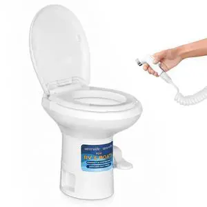 SereneLife RV Gravity Flush Toilet with Foot Pedal and Hand Sprayer | T-Type Full-Bowl Flush Coverage With Odor-Resistant Sealing For RVs, Boats, Campers, Trailers And Marine Bathrooms SereneLife RV Gravity Flush Toilet with Foot Pedal and Hand Sprayer | T-Type Full-Bowl Flush Coverage With Odor-Resistant Sealing For RVs, Boats, Campers, Trailers And Marine Bathrooms