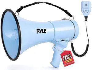 Pyle 50W Megaphone Bullhorn - Portable, Automatic Siren & Adjustable Volume, Projection Range Up to 1200 Square Yards, Aux Input, Talk, Siren, Music, Whistle, & Record, Shoulder Strap Pyle 50W Megaphone Bullhorn - Portable, Automatic Siren & Adjustable Volume, Projection Range Up to 1200 Square Yards, Aux Input, Talk, Siren, Music, Whistle, & Record, Shoulder Strap