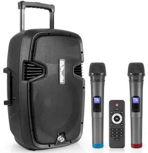 Pyle Portable Bluetooth PA Speaker System - 1000W Wireless Karaoke Loudspeaker with 12 Subwoofer, USB/SD/MP3/FM - Includes Dual UHF Mics, Remote, Rolling Wheels - Ideal for Parties, Events, Outdoors Pyle Portable Bluetooth PA Speaker System - 1000W Wireless Karaoke Loudspeaker with 12 Subwoofer, USB/SD/MP3/FM - Includes Dual UHF Mics, Remote, Rolling Wheels - Ideal for Parties, Events, Outdoors