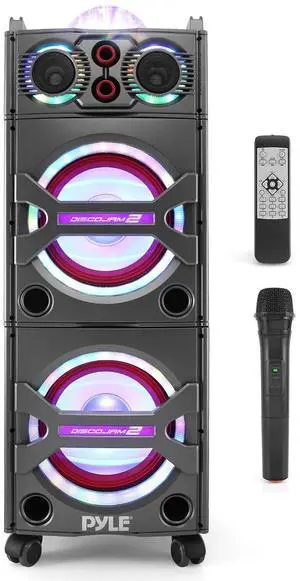 Pyle Portable Bluetooth PA Speaker System - 2000W Active powered Outdoor Bluetooth Speaker Portable PA System w/ Microphone In, Party Lights, USB SD Card Reader, AUX/RCA/FM Radio, Wheels - PSUFM1043BT Pyle Portable Bluetooth PA Speaker System - 2000W Active powered Outdoor Bluetooth Speaker Portable PA System w/ Microphone In, Party Lights, USB SD Card Reader, AUX/RCA/FM Radio, Wheels - PSUFM1043BT