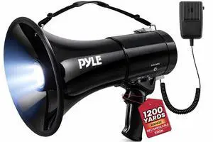 Pyle Portable Compact PA Megaphone Speaker with Alarm Siren & Adjustable Volume - 50W Handheld Lightweight Bullhorn - with Mic, AUX IN for MP3, 1200 Yards Range, Rechargeable Battery Pyle Portable Compact PA Megaphone Speaker with Alarm Siren & Adjustable Volume - 50W Handheld Lightweight Bullhorn - with Mic, AUX IN for MP3, 1200 Yards Range, Rechargeable Battery