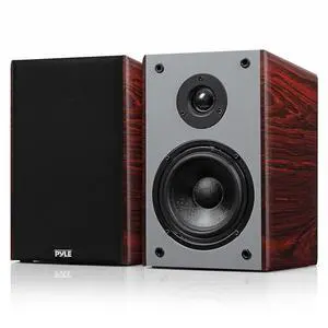 Pyle 5.25 Wired Bookshelf Speakers Pair 2-Way HiFi Stereo Home Theater Speakers with Silk Dome Tweeter, Woven Woofer, Magnetic Grille and Wall Mount Brackets, Cherry Finish Pyle 5.25 Wired Bookshelf Speakers Pair 2-Way HiFi Stereo Home Theater Speakers with Silk Dome Tweeter, Woven Woofer, Magnetic Grille and Wall Mount Brackets, Cherry Finish