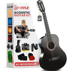 Pyle Beginner Acoustic Guitar Kit, 3/4 Junior Size All Wood Build Nylon String Instrument with Capo, Gig Bag, Strap, Extra String Set, Guitars for Beginners Adults and Youth, 36" Black Gloss Pyle Beginner Acoustic Guitar Kit, 3/4 Junior Size All Wood Build Nylon String Instrument with Capo, Gig Bag, Strap, Extra String Set, Guitars for Beginners Adults and Youth, 36" Black Gloss