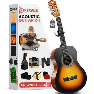 Pyle Classical Guitar Starter Kit - 34" 1/2 Size All Wood Instrument with Capo, Gig Bag, Strings, Strap, Picks (Sunburst) Pyle Classical Guitar Starter Kit - 34" 1/2 Size All Wood Instrument with Capo, Gig Bag, Strings, Strap, Picks (Sunburst)
