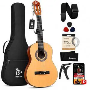 Pyle Left Handed Beginner Acoustic Guitar Kit, 30" 1/4 Junior Classical Nylon String Guitar, All Wood Build with Capo, Gig Bag, Strap, Picks & Extra Strings for Kids, Youth, New Players, Natural Gloss Pyle Left Handed Beginner Acoustic Guitar Kit, 30" 1/4 Junior Classical Nylon String Guitar, All Wood Build with Capo, Gig Bag, Strap, Picks & Extra Strings for Kids, Youth, New Players, Natural Gloss