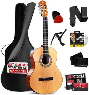 Pyle Beginner Acoustic Guitar Kit, 1/4 Junior Size All Wood Build Nylon Stringed Instrument with Capo, Strap, Extra String Set, Gig Bag, Guitars for Beginners Adults Youth, 30" Natural Gloss Pyle Beginner Acoustic Guitar Kit, 1/4 Junior Size All Wood Build Nylon Stringed Instrument with Capo, Strap, Extra String Set, Gig Bag, Guitars for Beginners Adults Youth, 30" Natural Gloss