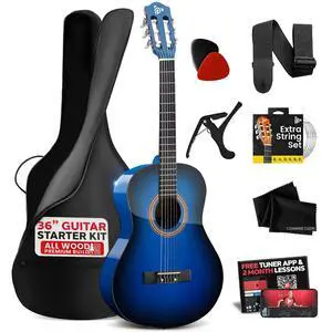 Pyle Beginner Acoustic Guitar Kit, 3/4 Junior Size All Wood Build Nylon String Instrument with Capo, Gig Bag, Strap, Extra String Set, Guitars for Beginners Adults and Youth, 36" Blue Gloss Pyle Beginner Acoustic Guitar Kit, 3/4 Junior Size All Wood Build Nylon String Instrument with Capo, Gig Bag, Strap, Extra String Set, Guitars for Beginners Adults and Youth, 36" Blue Gloss
