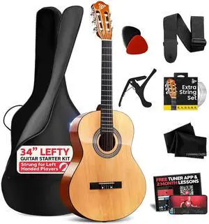 Pyle Left Handed Beginner Acoustic Guitar Kit, 1/2 Junior Size All Wood Build Nylon String Instrument with Capo, Strap, Extra String Set, Gig Bag, Guitars for Beginners Adults Youth, 34" Natural Gloss Pyle Left Handed Beginner Acoustic Guitar Kit, 1/2 Junior Size All Wood Build Nylon String Instrument with Capo, Strap, Extra String Set, Gig Bag, Guitars for Beginners Adults Youth, 34" Natural Gloss