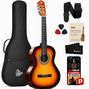 Pyle 36-Inch Beginner Classical Acoustic Guitar Kit, 3/4 Size Junior Nylon String Guitar for Kids and Adults, Includes Gig Bag, Strap, Spare Strings, Picks, Cleaning Cloth, 18 Frets, Sunburst Pyle 36-Inch Beginner Classical Acoustic Guitar Kit, 3/4 Size Junior Nylon String Guitar for Kids and Adults, Includes Gig Bag, Strap, Spare Strings, Picks, Cleaning Cloth, 18 Frets, Sunburst