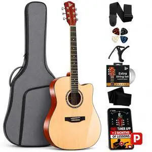 Pyle Beginner Acoustic Guitar Kit - Full Size 41 Cutaway Dreadnought Natural Matte Finish w/Upgraded Gig Bag, Tuner, Steel Strings, Picks, Strap, Capo, For Beginners/Adults - (Natural, Premium Kit) Pyle Beginner Acoustic Guitar Kit - Full Size 41 Cutaway Dreadnought Natural Matte Finish w/Upgraded Gig Bag, Tuner, Steel Strings, Picks, Strap, Capo, For Beginners/Adults - (Natural, Premium Kit)
