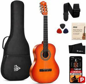 Pyle 36-Inch Beginner Classical Acoustic Guitar Kit, 3/4 Size Junior Nylon String Guitar for Kids and Adults, Includes Gig Bag, Strap, Spare Strings, Picks, Cleaning Cloth, 18 Frets, Cherry Burst Pyle 36-Inch Beginner Classical Acoustic Guitar Kit, 3/4 Size Junior Nylon String Guitar for Kids and Adults, Includes Gig Bag, Strap, Spare Strings, Picks, Cleaning Cloth, 18 Frets, Cherry Burst