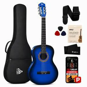 Pyle Beginner Acoustic Guitar Kit, 3/4 Junior Size All Wood Instrument for Kids, Adults, 36" Blue Burst Pyle Beginner Acoustic Guitar Kit, 3/4 Junior Size All Wood Instrument for Kids, Adults, 36" Blue Burst