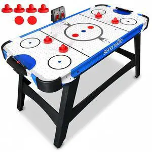 SereneLife 58in Powered Air Hockey Table Upgraded 700mA 12v 2X Powerful Motor, 4 Player 4 Pucks 2 Pushers, Full-Size Arcade Style, Inline Power Switch and Battery Free Digital LED Score Board SereneLife 58in Powered Air Hockey Table Upgraded 700mA 12v 2X Powerful Motor, 4 Player 4 Pucks 2 Pushers, Full-Size Arcade Style, Inline Power Switch and Battery Free Digital LED Score Board