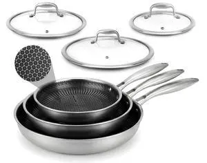 NutriChef 6-Piece Tri-Ply Stainless Steel Frying Pan Set 8", 10", 12" Non-Stick Skillets with Lids, Induction Compatible, Oven Safe, Scratch-Resistant, Dishwasher Safe NutriChef 6-Piece Tri-Ply Stainless Steel Frying Pan Set 8", 10", 12" Non-Stick Skillets with Lids, Induction Compatible, Oven Safe, Scratch-Resistant, Dishwasher Safe